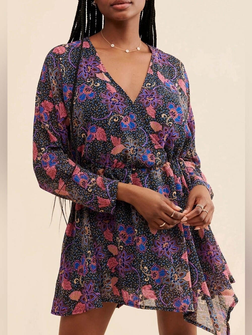 FREE PEOPLE Teegan Mini Dress M Twilight Combo Purple Surplice Boho Long Sleeve